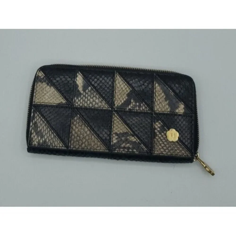ERIC JAVITS Reptile Patchwork Leather Black Tan Zip Around Wallet